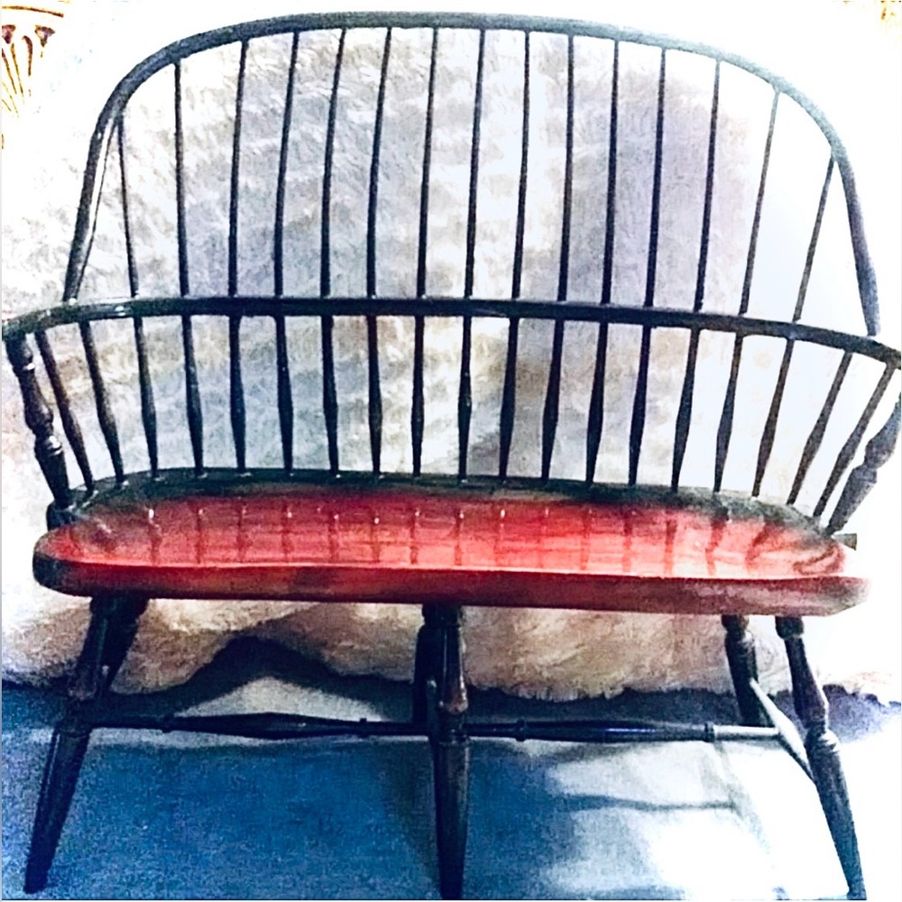 Vintage Windsor Style Wooden Doll Bench w/ Wood Seat, Black-Trim, 18”Hx15”W EUC